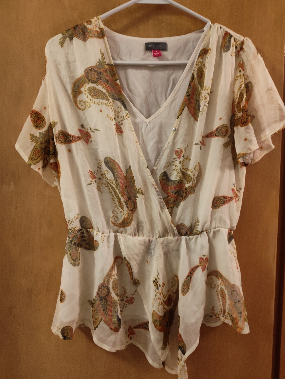 Vince Camuto Cream Paisley Wrap Blouse with Tie Waist